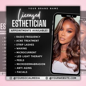 Op de afbeelding: Zwart-witte grafiek met de tekst "Licensed Esthetician" in een wit neon-lettertype. De grafiek bevat ook een lijst met aangeboden diensten, zoals radiofrequentie, acnebehandeling, wimperverlenging, waxen, microstroom, LED-lichttherapie, peelings, microdermabrasie, anti-aging en gezichtsbehandelingen. De grafiek bevat ook de tekst "Afspraken beschikbaar!" en social media-handvatten voor het bedrijf.