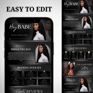 Puede incluir: Plantilla de marketing digital en blanco y negro en la pantalla de un smartphone. El dise&ntilde;o incluye el texto "Hey BABE, Ready to Book Now?" y "Meet your BRISOCER CRAY", junto con pol&iacute;ticas de reserva y rese&ntilde;as de clientes.