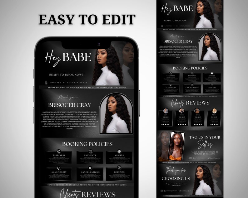 Puede incluir: Plantilla de marketing digital en blanco y negro en la pantalla de un smartphone. El dise&ntilde;o incluye el texto "Hey BABE, Ready to Book Now?" y "Meet your BRISOCER CRAY", junto con pol&iacute;ticas de reserva y rese&ntilde;as de clientes.