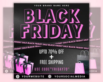 May include: Black Friday promotional graphic with the text "BLACK FRIDAY" in large pink letters. The image includes gift boxes, shopping bags, and the text "UPTO 70% OFF + FREE SHIPPING". The website and social media handles are also displayed.