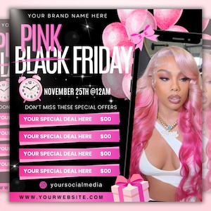 Folleto de Pink Friday, folleto de ofertas de Black Friday, oferta especial de Black Friday, Cyber Monday, belleza, pestañas, maquillaje, uñas, cabello, Canva, editable