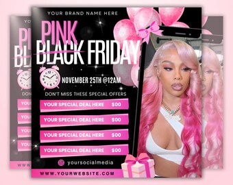 Pink Friday Flyer, Black Friday sale Flyer, Black friday Special Sale, Cyber Monday, Beauty, Lashes, Make up, Nails, Hair, Canva, Editable
