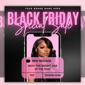 Black Friday Flyer, Black Friday sale Flyer, Black friday Special Sale, Cyber Monday, Beauty, Lashes, Make up, Nails, Hair, Canva, Editable, DIY template, Pink friday special sale flyer template design black friday flyer wig hair stylist business