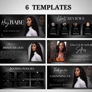 Puede incluir: Seis plantillas en blanco y negro con texto e im&aacute;genes. Las plantillas incluyen frases como "Hey Babe", "Client Reviews" y "Booking Policies". Cada plantilla presenta a una mujer con cabello largo y ondulado.