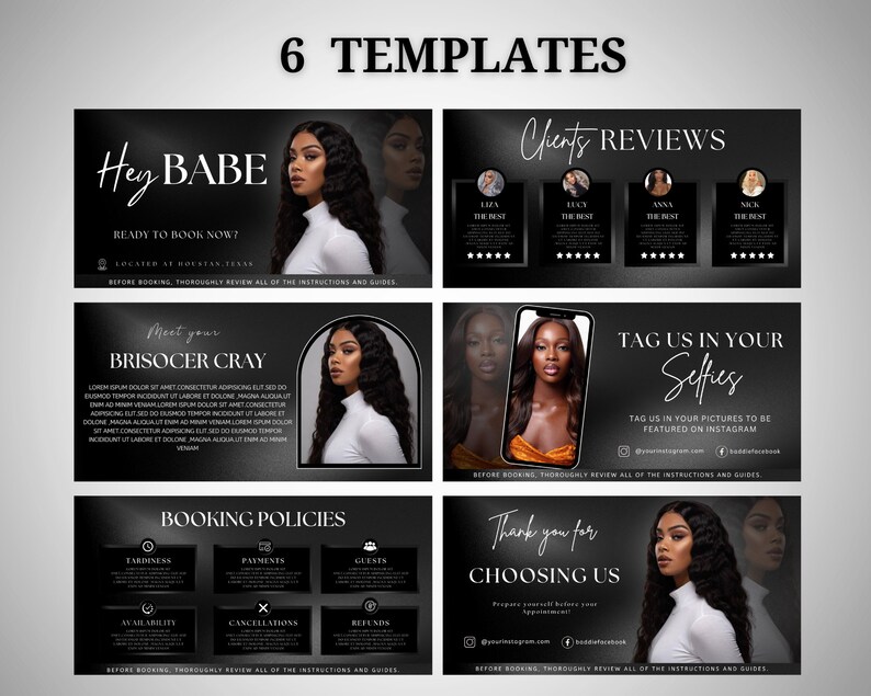 Puede incluir: Seis plantillas en blanco y negro con texto e im&aacute;genes. Las plantillas incluyen frases como "Hey Babe", "Client Reviews" y "Booking Policies". Cada plantilla presenta a una mujer con cabello largo y ondulado.