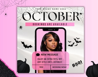 Folleto de reservas de octubre, Folleto de reservas de Halloween, Folleto de citas disponibles, Folleto de temporada espeluznante, Cabello, Uñas, Maquillaje, Pestañas, Trenzas, Canva