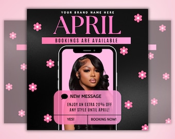 April Booking Flyer, Spring Booking Flyer, April Book Now Appointments Available flyer, Beauty, Lashes, Make up, Nails, Hair,Canva Editable