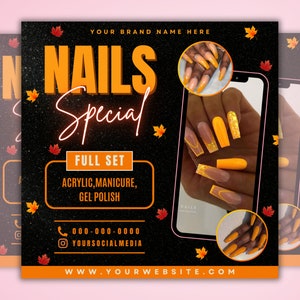 May include: A promotional graphic for a nail salon, featuring the words "NAILS Special" in orange and white. The graphic includes images of manicured nails in shades of orange and yellow. The text also includes "FULL SET" and service details.