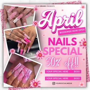 Specialflyer för April Nails, Vårens nagelteknikflyer, Specialerbjudande för naglar, Flyer för nagelstylist, Nagelflyer, Nagelförlängning, canvas