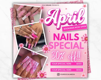April Nails Special Flyer, Spring Nail Tech Flyer, Nails Special Deal Flyer, Nails Esthetician Flyer, Nail Flyer, Nails Extension, canva