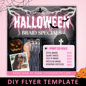 Puede incluir: Una plantilla de folleto con temática de Halloween que incluye el texto HALLOWEEN BRAID SPECIALS, una silueta de bruja en escoba, murciélagos, una calabaza y un ataúd. Incluye una lista de servicios de peluquería como STITCH BRAIDS.