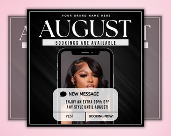 August Booking Flyer, August Book Now Flyer, August Bookings Appointments Available Flyer, August Books Open, Canva Editable Template