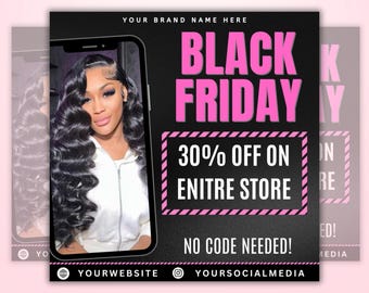 May include: Black Friday promotional graphic with a woman's image on a phone screen. The text reads "BLACK FRIDAY" in pink, with "30% OFF ON ENTIRE STORE" and "NO CODE NEEDED!" in white. The background is black.