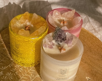 Améthyste apaisante Traho, quartz rose affectueux, bougie en cire de soja infusée de cristaux de citrine avec mèche en bois et poudre scintillante