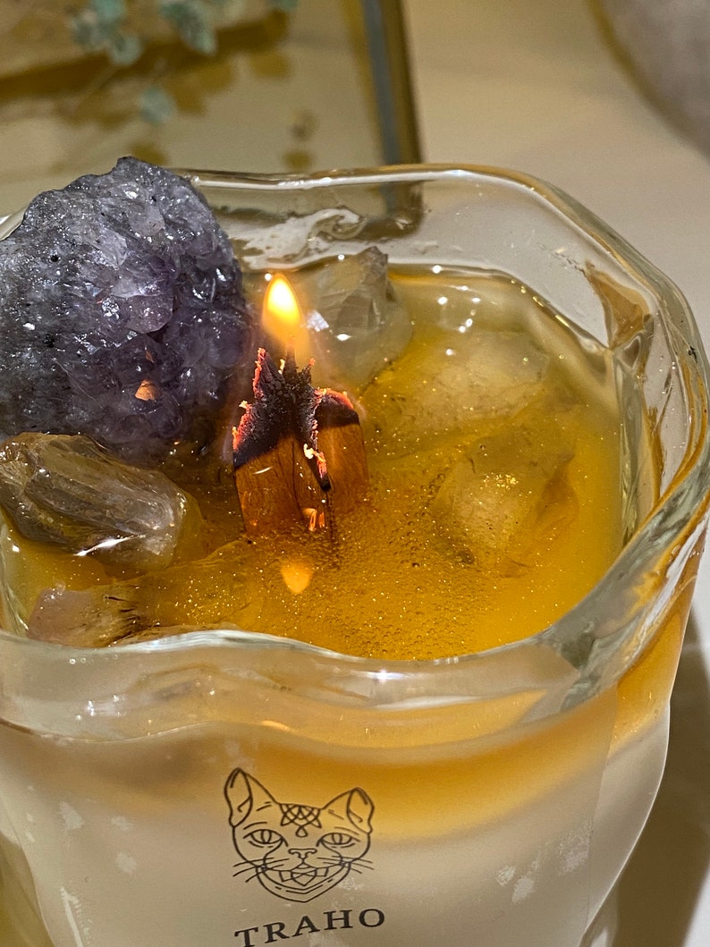 Améthyste apaisante Traho, quartz rose affectueux, bougie en cire de soja infusée de cristaux de citrine avec mèche en bois et poudre scintillante image 2