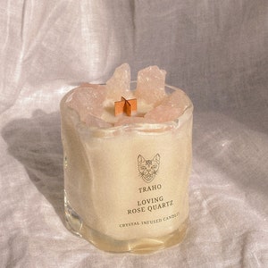 Améthyste apaisante Traho, quartz rose affectueux, bougie en cire de soja infusée de cristaux de citrine avec mèche en bois et poudre scintillante image 4