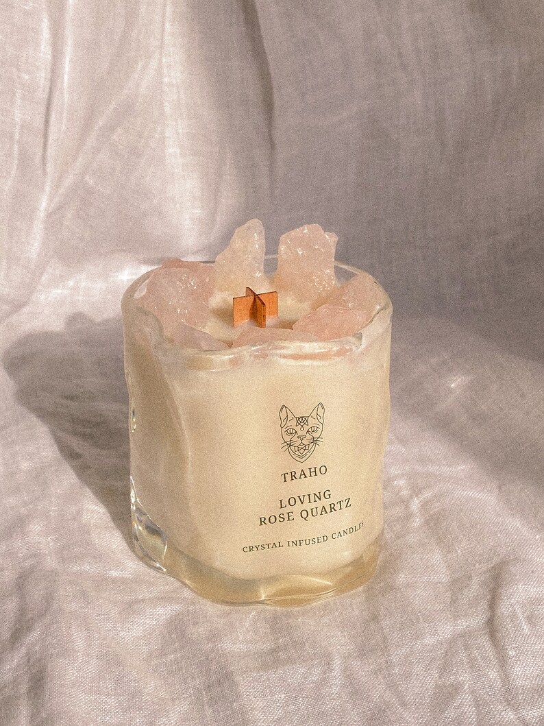 Améthyste apaisante Traho, quartz rose affectueux, bougie en cire de soja infusée de cristaux de citrine avec mèche en bois et poudre scintillante image 4