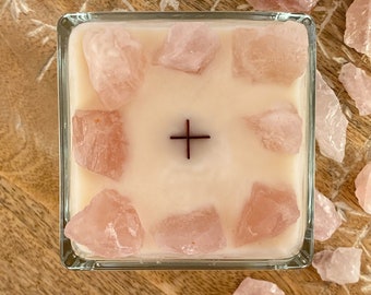 Traho Loving Bougie naturelle à la cire de soja infusée de cristaux de quartz rose avec mèche en bois et poudre de paillettes