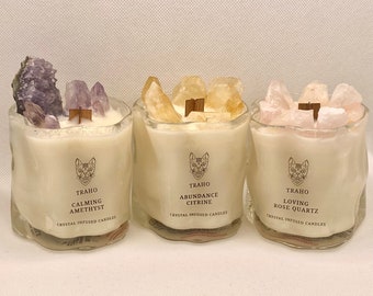 Améthyste apaisante Traho, quartz rose affectueux, bougie en cire de soja infusée de cristaux de citrine avec mèche en bois et poudre scintillante