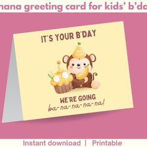 Cute yellow banana-themed birthday card, monkey birthday card, folding birthday card, funny greeting card for kids