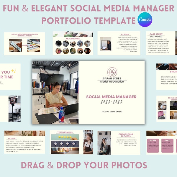 fun aesthetic social media manager portfolio template in canva 2024 for social media expert business