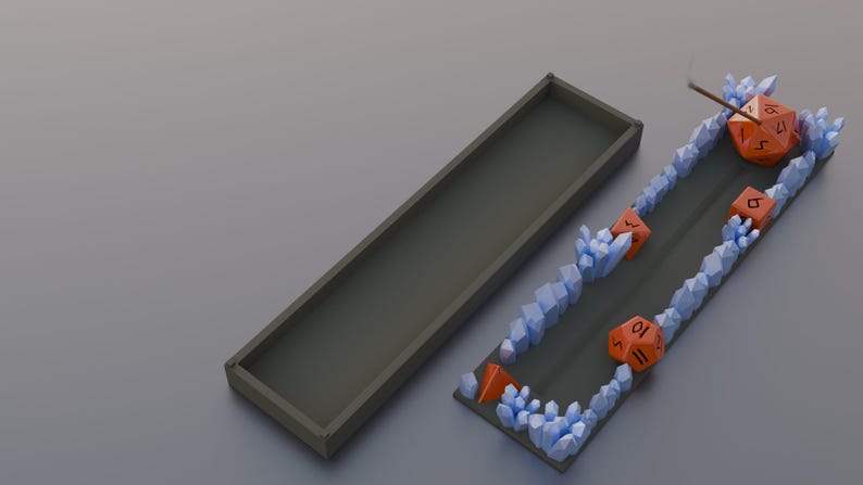 Elevate your space with this unique, 3D-printable incense holder designed for tabletop gamers and fantasy lovers alike. This STL file features an intricately detailed incense holder adorned with gaming dice and mystical crystals.