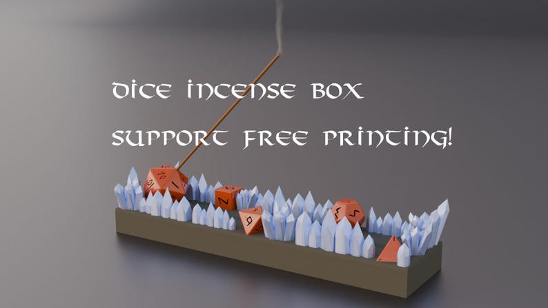Elevate your space with this unique, 3D-printable incense holder designed for tabletop gamers and fantasy lovers alike. This STL file features an intricately detailed incense holder adorned with gaming dice and mystical crystals.