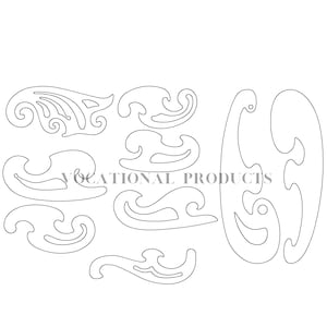 May include: A collection of ten white French curve rulers in various shapes and sizes. The text "VOCATIONAL PRODUCTS" is printed in the center of the image. These tools are used for drawing smooth curves in design and drafting.