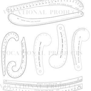 Digital French Curve Rulers; 16”, 19”, 13&quot;/34cm and Hip Curve Rulers; 24&quot;/63cm, 25&quot;/64cm in DXF, SVG, PNG, jpg - Drafting & Tailoring Tools