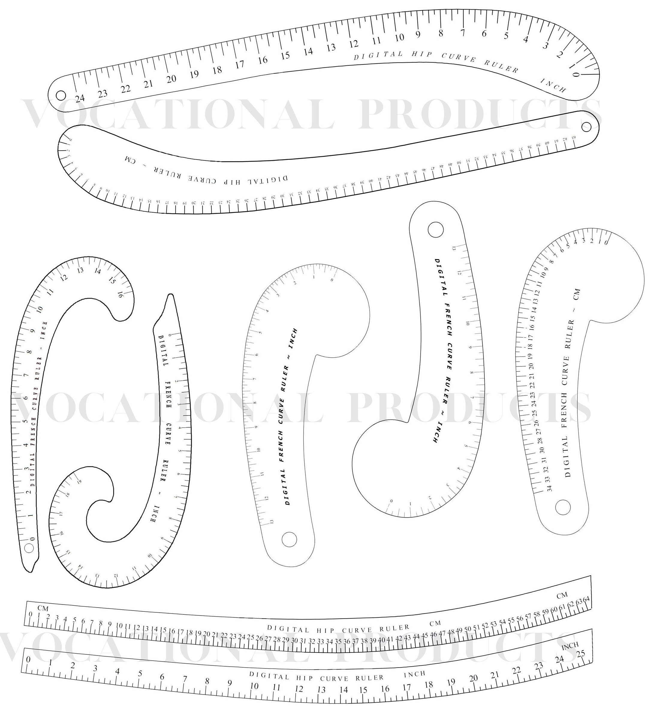 Digital French Curve Rulers; 16”, 19”, 13
