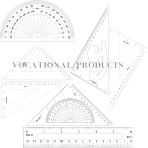 Peut inclure: Un ensemble de quatre règles en plastique transparent avec des marques noires. Les règles comprennent un rapporteur d'angles, un triangle de 45 degrés, un triangle de 30-60-90 degrés et une règle graduée en pouces et en centimètres.
