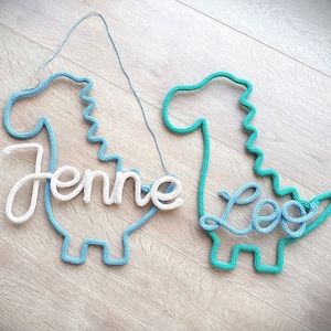 Door sign Dino with lettering made of wool, name plate, personalized, knitted name, gift birthday, school start, school bag