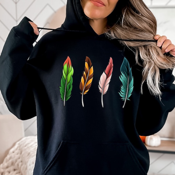 Feather Hoodie, Feathers Gift Sweatshirt, Bird Feather Hoodie, Hoodie Gift for Women, Feather Print Gift Sweatshirt, Colorful Feather Hoodie