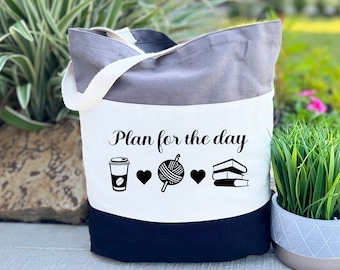 Plan For Today Tote Bag, Knitting Bag, Book Lover Gift, Gift for Women, Mom Knitting Bag, Knitter Gift, Grandma Gift, Coffee Knitting Book