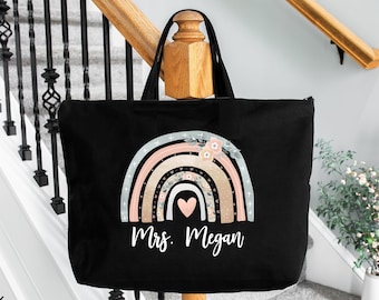 Personalized Teacher Rainbow Tote Bag, Teacher Tote Bag, Custom Teacher Bag, Teacher Gifts, End Of School Gift, Kindergarten Teacher Bags