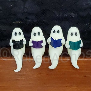 Adopt Pet Ghost Reading a Book - Shelf Sitter Figurine - Handmade Polymer Clay Miniature Halloween Decoration - Spooky Cute Glow in the Dark