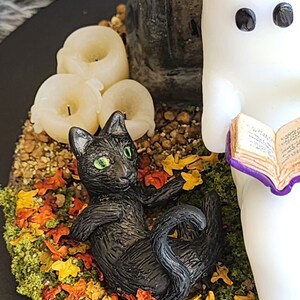 Close up of cat laying on back in autumn leaves. Ghost sitting beside gravestone reading a book with 2 black cats playing in the fall leaves. Halloween decor that will glow in the dark and has flickering candles.