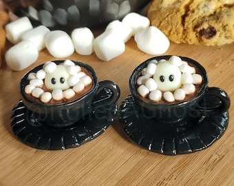 Hot Chocolate Ghost Hiding in Marshmallows Black Cup - Peekaboo - Glow in the Dark - Handmade Figurine - Spooky Cute