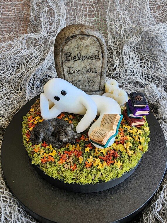 Ghost Reading Book with Black Cat by Tombstone with Flickering Candles, Handmade Figurine Glow in the Dark Halloween Decor