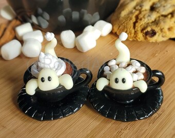 Hot Chocolate Ghost with Marshmallows or Whipped Cream in Black Cup - Glow in the Dark Handmade Miniature Figurine - Spooky Cute