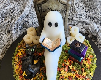 Handmade Glow in Dark Ghost Sculpture: Halloween Cemetery Scene, Reading Book with Cat