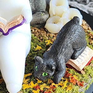 Close up of manx black cat on a book ready to pounce and play in the autumn leaves. Ghost sitting beside gravestone reading a book with 2 black cats playing in the fall leaves. Halloween decor that will glow in the dark and has flickering candles.