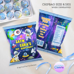 May include: Two chip bags with a space theme, featuring astronauts, planets, and a rocket against a purple galaxy backdrop. The text reads "Zayn Ezra's 1st Birthday" and "Thank You for Making My Birthday Out of This World!" The bags are 8.5 x 11 inches.