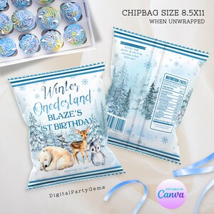 May include: A blue and white chip bag with a winter wonderland theme. The bag features a polar bear, a deer, and a penguin in a snowy forest. The text on the bag reads "Winter Onederland Blaze's 1st Birthday" and "January 11, 2023".