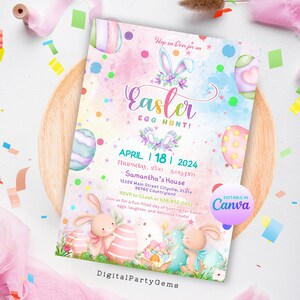 Op de afbeelding: Een kleurrijke uitnodiging voor een paaseierenjacht met konijnen, eieren en een regenboogachtergrond. De tekst luidt "Hop on Over for an Easter Egg Hunt! April 18, 2024, Thursday, 2:00-5:00pm, Samantha's House, 12356 Main Street Cityville, State 98765 Countryland. RSVP to Cleah at 638-852-0421. Join us for a fun-filled day of hunting for Easter eggs, laughter, and delicious treats! Editable in Canva. DigitalPartyGems."
