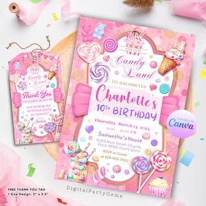 Invitación a Candy Land, invitación a fiesta temática de tienda de dulces, etiqueta de agradecimiento editable para Candy Land, imprimible, descarga instantánea, Candy Land 1011
