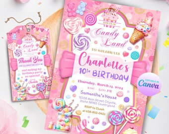 Invitación a Candy Land, invitación a fiesta temática de tienda de dulces, etiqueta de agradecimiento editable para Candy Land, imprimible, descarga instantánea, Candy Land 1011