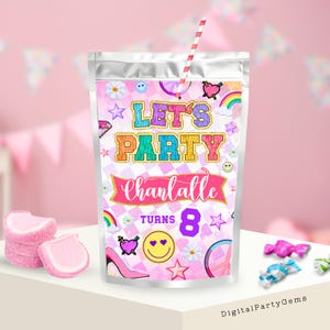 Varsity Patch Letter Juice Pouch Label Party Favors Collegiate Preppy Theme Juice Label Party Favor Editable Birthday Printable Template G01