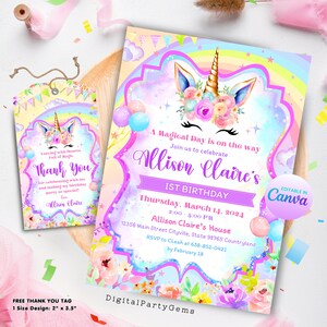 Unicorn Birthday Invitation Magical Rainbow Unicorn Invite Editable Unicorn Thank You Tag Birthday Party Printable  instant Download
