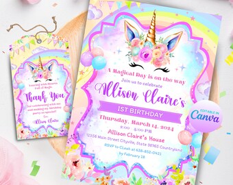Unicorn Birthday Invitation Magical Rainbow Unicorn Invite Editable Unicorn Thank You Tag Birthday Party Printable  instant Download